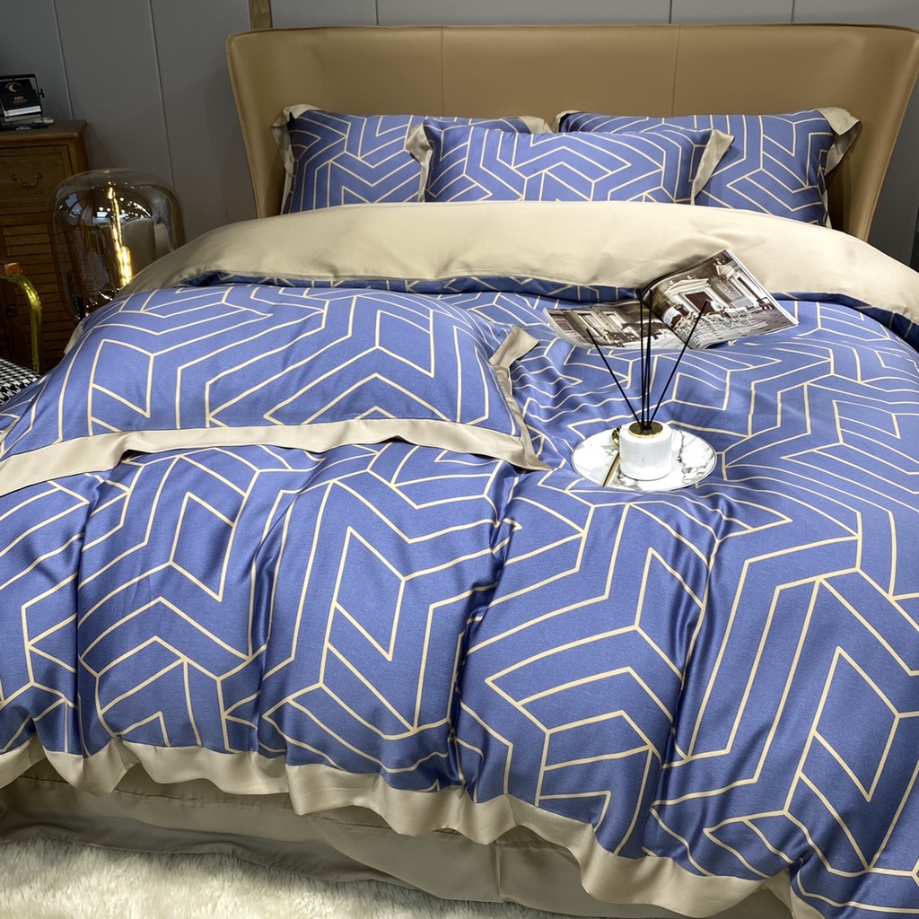 Bộ chăn ga gối cao cấp 100%Tencel 100s, Họa tiết Kẻ sọc xanh dương sang trọng, chất liệu siêu mềm mịn mát
