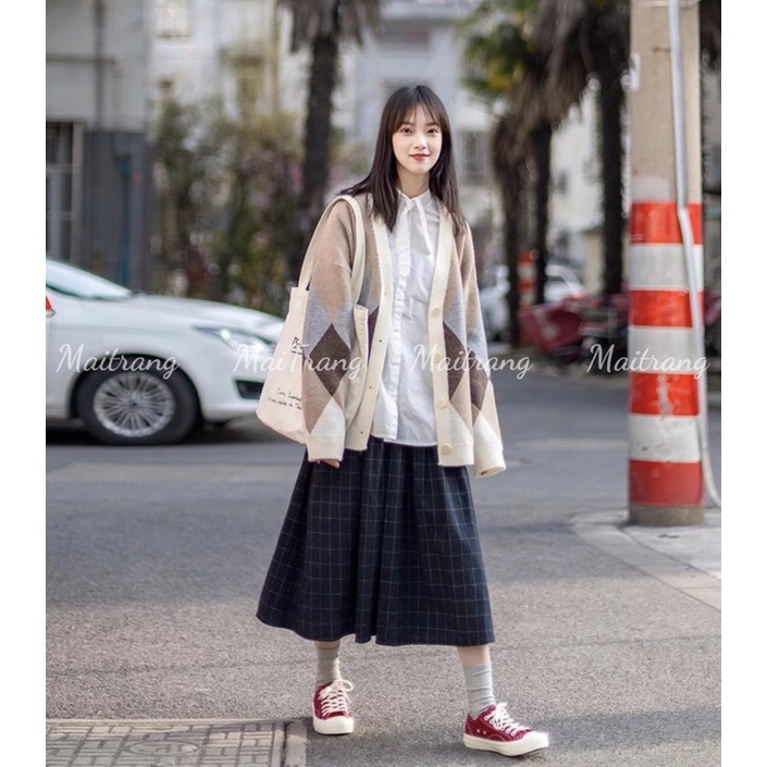 Áo cardigan len nữ tay dài dáng rộng họa tiết quả trám ulzzang hàn quốc – (TTA17)