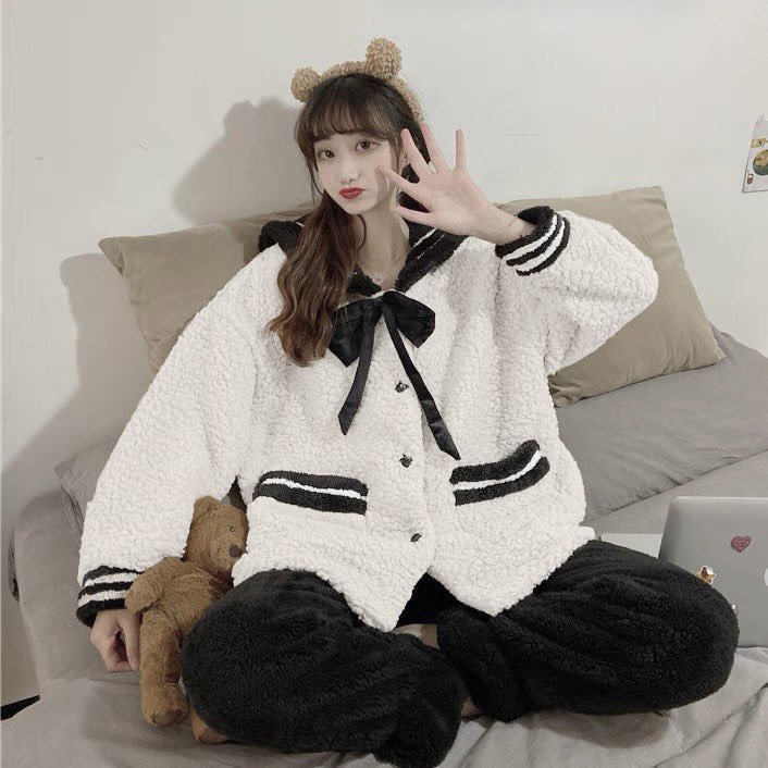 Bộ Lông Thủy Thủ Vintage Lông Cừu Cao Cấp Unisex Nam Nữ  Dáng Rộng Mặc Nhà Mùa Đông Ấm Uzzlang