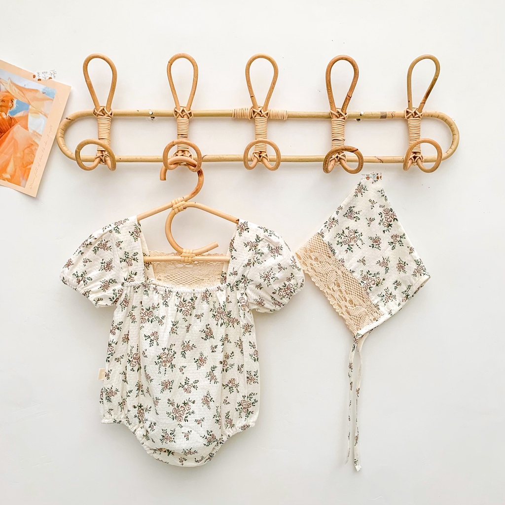 Set áo liền quần và mũ trùm đầu xinh xắn cho bé gái sơ sinh