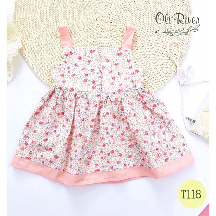 Đầm Oli River 2 dây hoa san hô hồng 1-8y