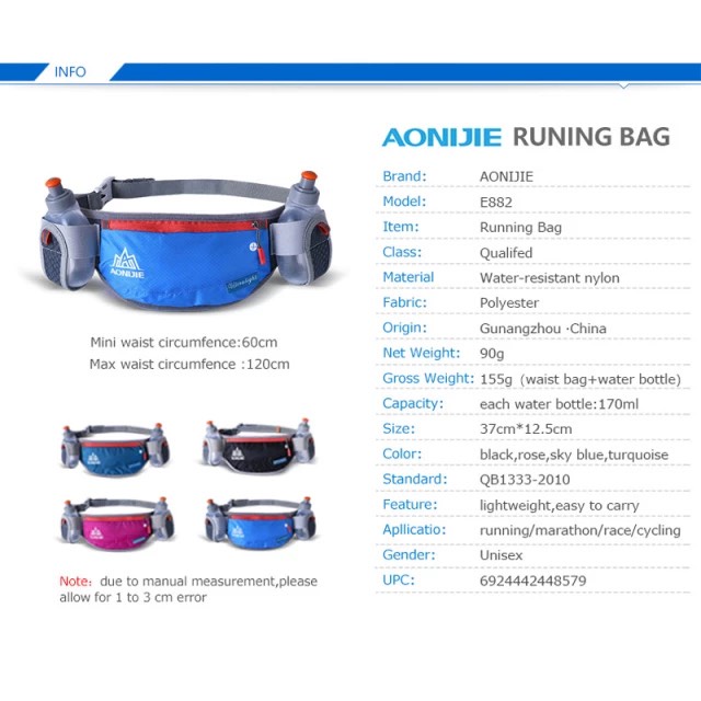 ĐAI CHẠY BỘ AONIJIE CHÍNH HÃNG KÈM 2 BÌNH NƯỚC 170ML RUNNING BELT E882