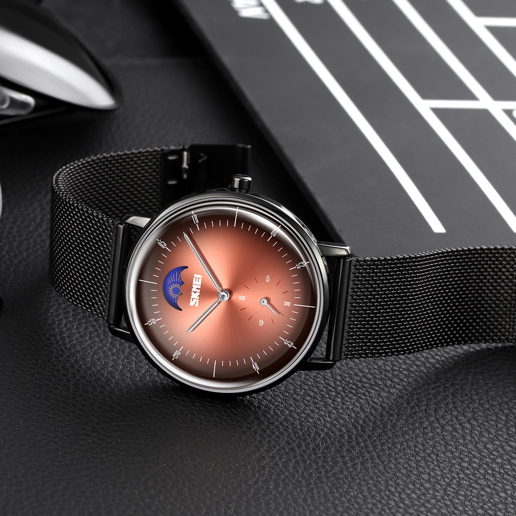 Đồng Hồ Đeo Tay SKMEI 9245 Thiết Kế Mặt Trăng Pha Lê Dây Lưới Thép Không Gỉ Chống Thấm Nước Cho Nam