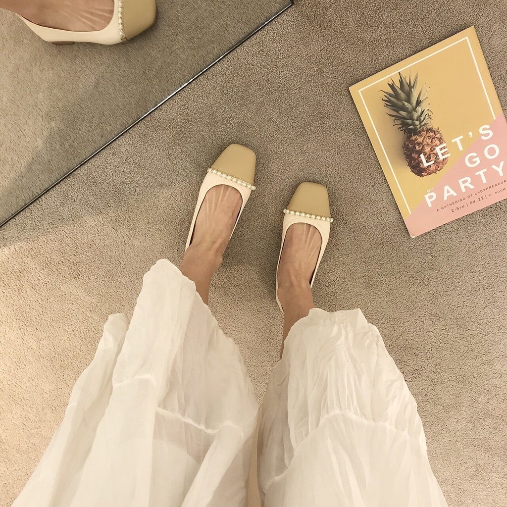 Giày Búp Bê Da Mềm Đế Bằng Mũi Vuông Đính Hạt Giả Ngọc Trai Thời Trang 2022 Xiaoxiangfeng Cho Nữ