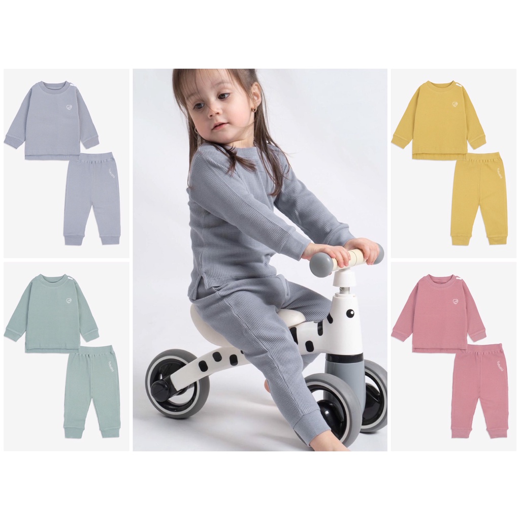 Bộ quần áo dài tay Bu Baby Waffle mềm mát thoáng khí ngủ điều hòa cho bé trai, bé gái