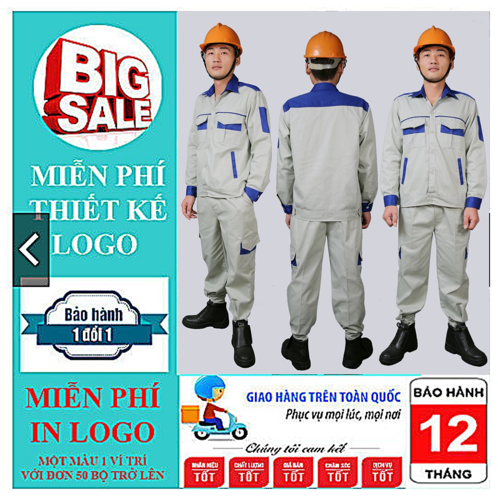 Combo 2 Bộ Quần áo Bảo hộ Lao Động + 2 Mũ Nhựa Cứng Bảo Hộ Lao động, Vải chéo 31 chuẩn bảo hộ lao động, tùy chọn kích cơ