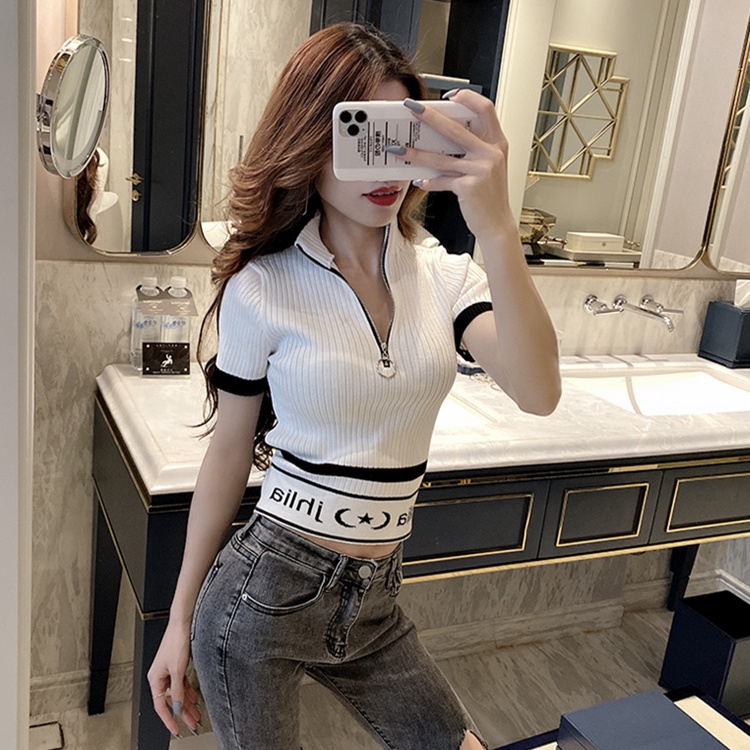 Áo Thun Tay Ngắn Cổ Cao Ôm Dáng Phối Khóa Kéo Thời Trang Mùa Hè Hàn Quốc 2022 Mới Cho Nữ