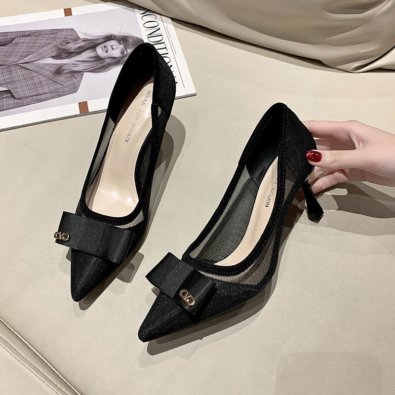 ☌▨™Single shoes women s mesh high heels 2021 new spring and autumn pointed toe stiletto black feminine temperament fairy