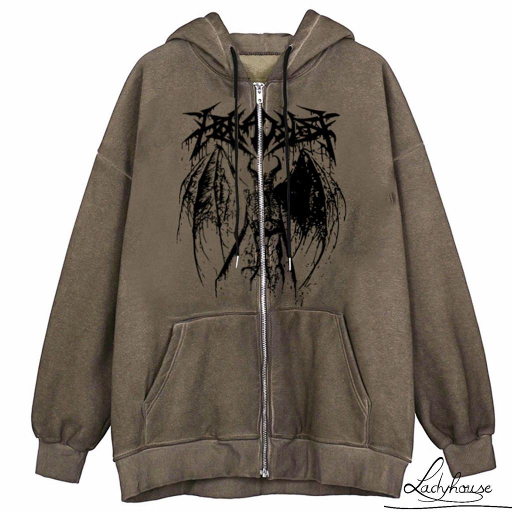 Ldd-áo Hoodie Dài Tay Dáng Rộng Vừa Vặn Có Dây Rút In Họa Tiết Ác Quỷ Cho Nữ