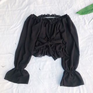 ÁO CROPTOP CỘT NƠ TAY LOE(kèm ảnh tự chụp)