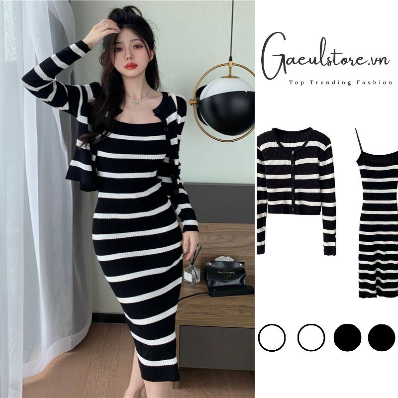 Gaeul store- set váy len body : đầm váy len 2 dây body + áo choàng len mỏng