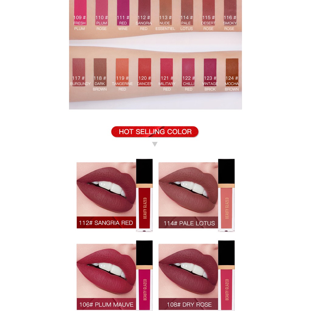 BEAUTY GLAZED 24 màu Son môi chất lỏng không thấm nước Son bóng mờ