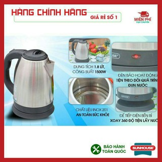 ,./Bình Đun Nước Siêu Tốc INOX 1.8 Lít. Siêu Tốc SUNHOUSE,./