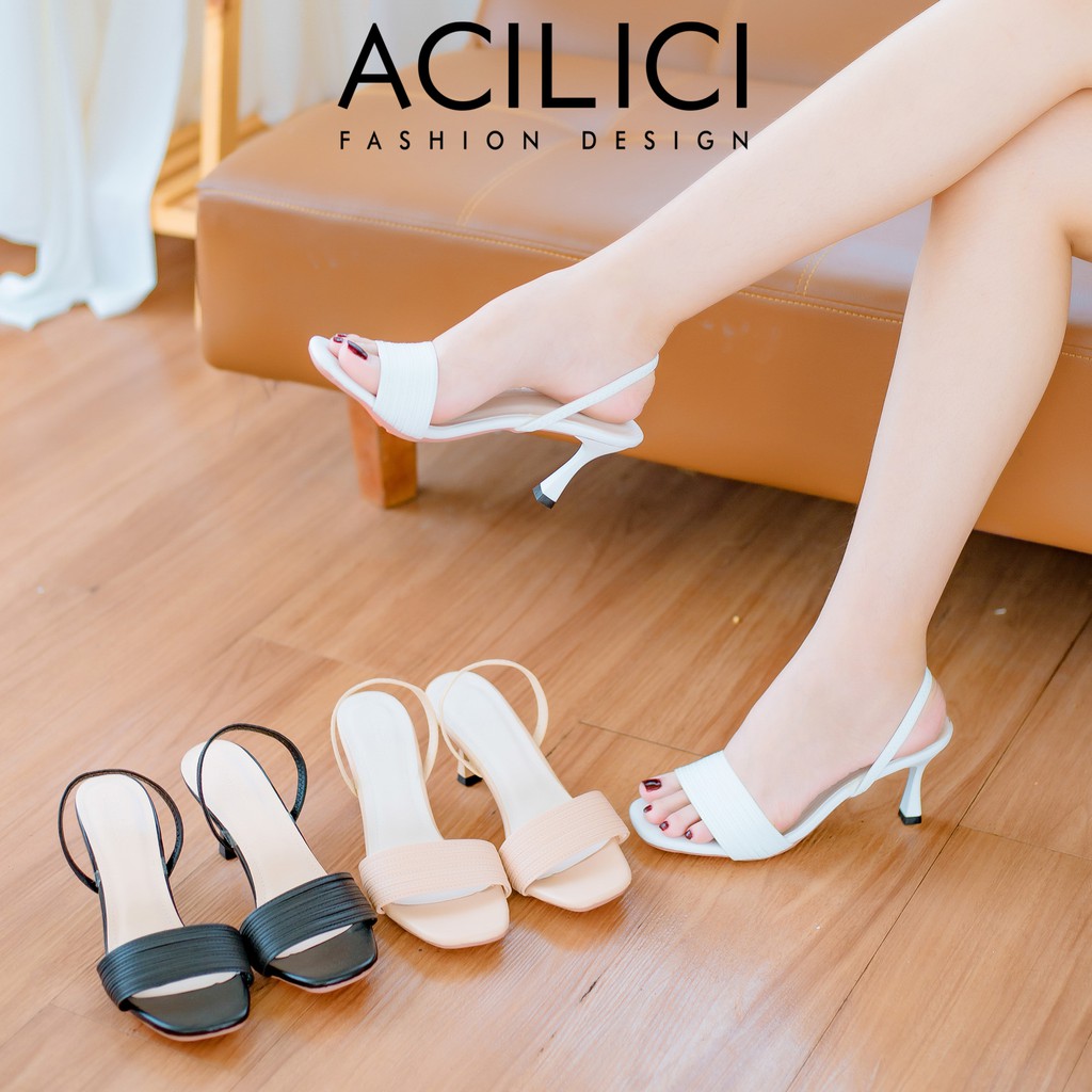 Giày sandal  ACILICI quai mãnh, giày cao gót thời trang đế xuồng gót cao 7p chuẩn size màu kem, trắng và đen_TC09