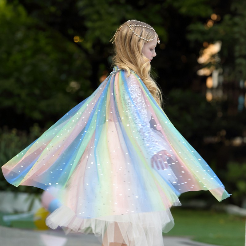 Girls Rainbow Sequins Cape Cloak Costume Drawstring Tulle  Sleeping Beauty Halloween Fancy Dress Up Mantle/Set Đồ Hóa Trang Phù Thủy Halloween Cho Bé Gái