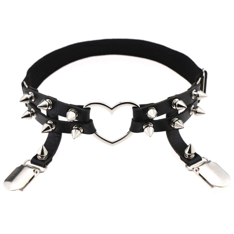 Kẹp tất dạng đai bằng da nhân tạo phối đinh tán hình trái tim kiểu gothic punk có thể điều chỉnh chống trượt cho nữ