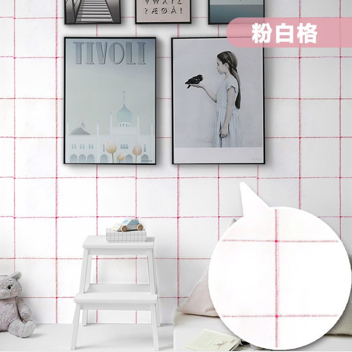Decal giấy dán tường Ô TRẮNG ĐƯỜNG KẺ HỒNG khổ 45cm keo sẵn