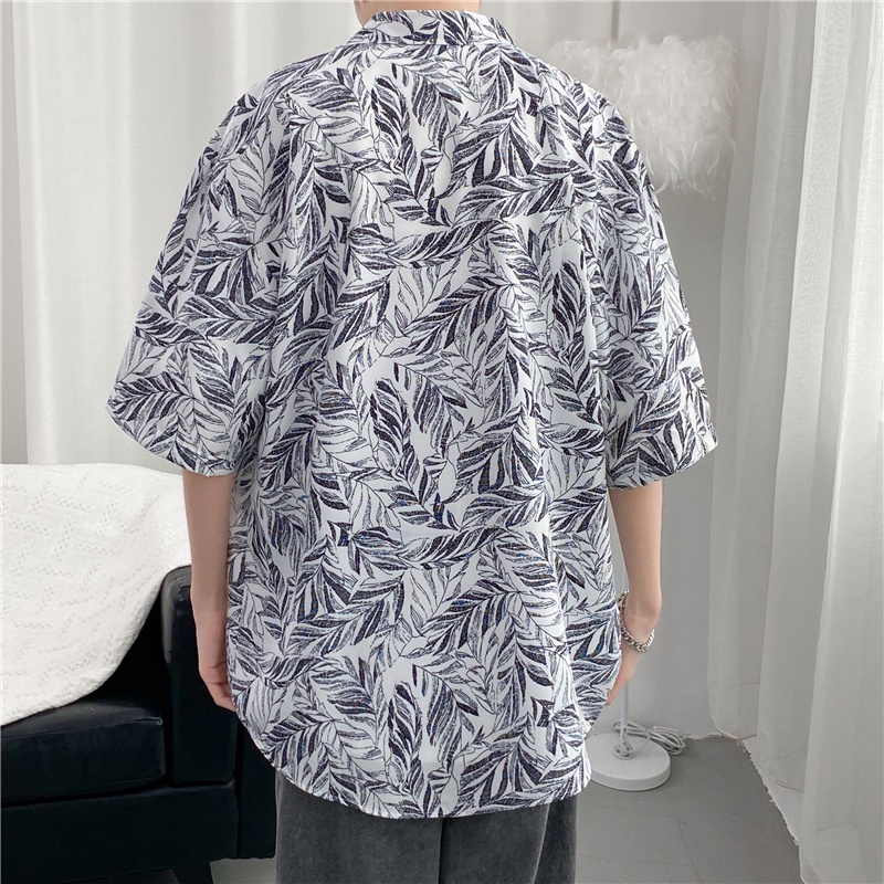 Short Sleeve Loose Shirt With Leaf Pattern Korean Style Summer 2022 Men's Fashion
