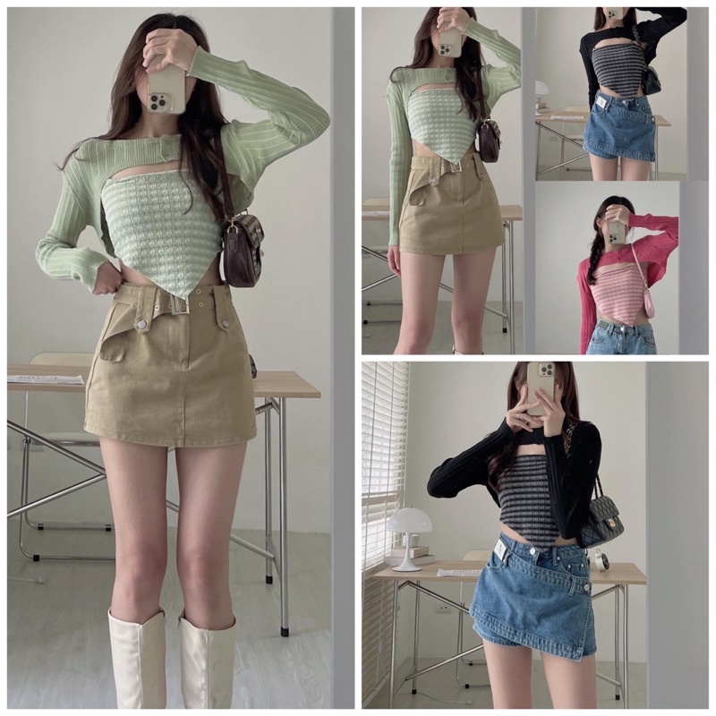 [Ảnh thật/Video]SET ÁO Mongtogi MIX CROPTOP QH siêu đẹp Set áo hai dây kèm cadigan Hàn Quốc