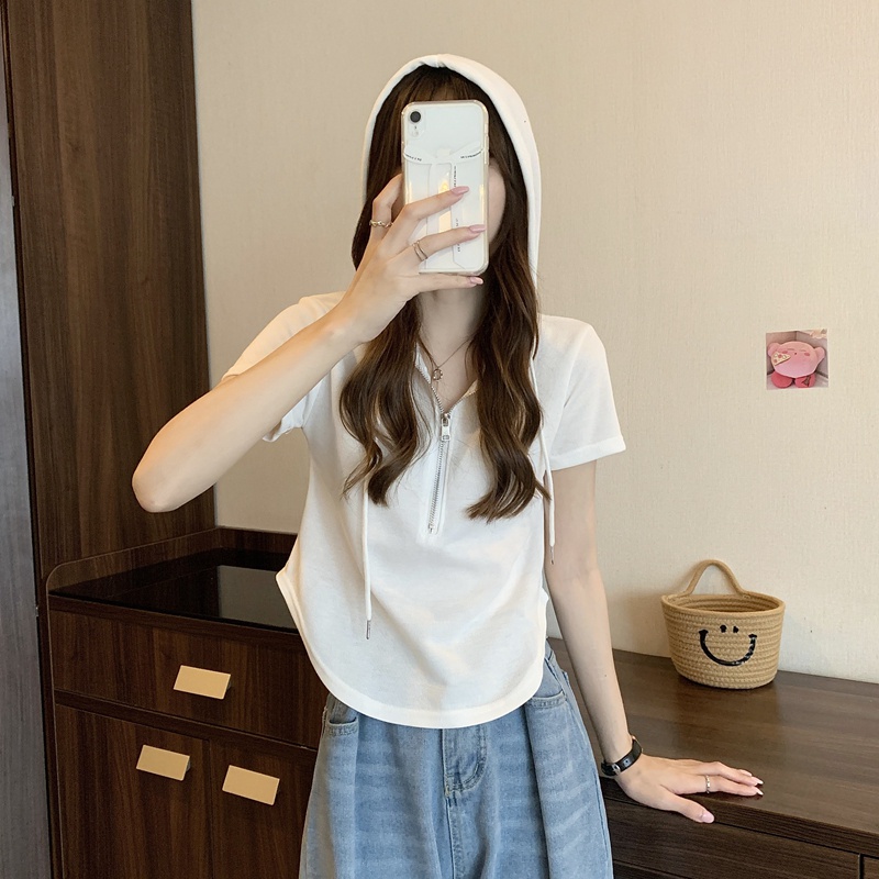 Áo Thun Tay Ngắn Có Mũ Trùm Đầu Màu Sắc Đơn Giản Dành Cho Nữ