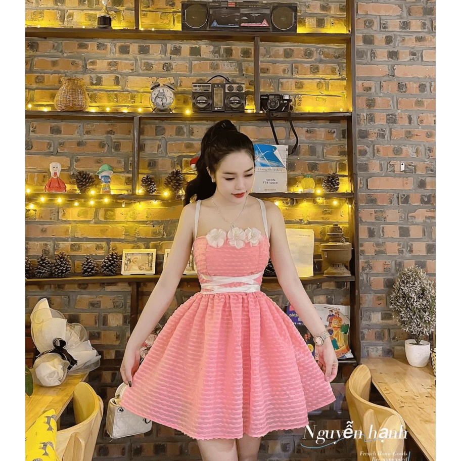 (Free Ship) Đầm Tơ Hột Nổi Có Lót Có Mút Kèm Bông UP Valetina Shop