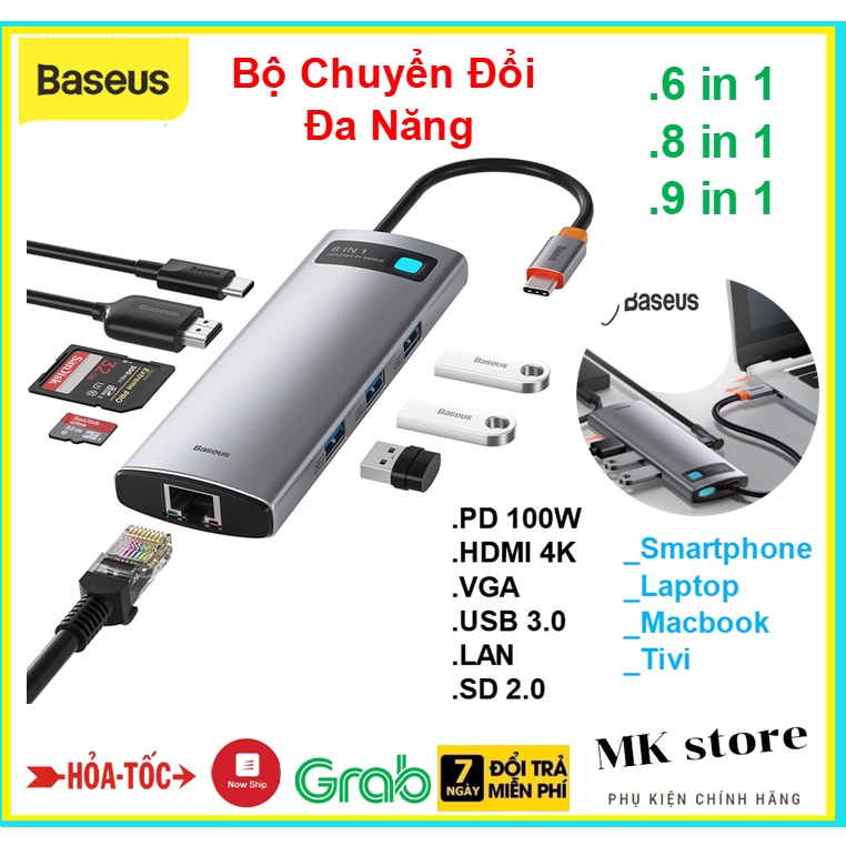 Bộ Chuyển đổi 9 in 1 đa năng BaseusHDMI 4K ,VGA ,LAN ,USB 3.0 , PD 100W,SD 2.0 Cho Laptop / Macbook / Samsung / Xiaomi