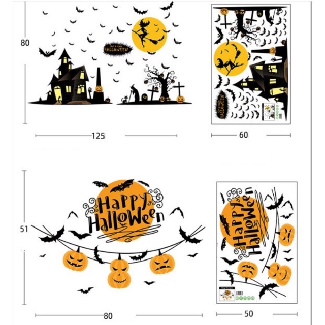 COMBO DECAL DÁN HALLOWEEN - Dây Chữ Cam phối Thành Phố Ma ( 2 tấm )