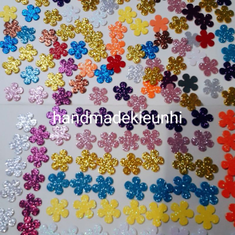 50 - 100 - 150 Hoa mai 3.5cm, 2.3cm, 1.5cm bằng giấy xốp kim tuyến - Hình trang trí thiệp, lớp học,  hoa handmade....