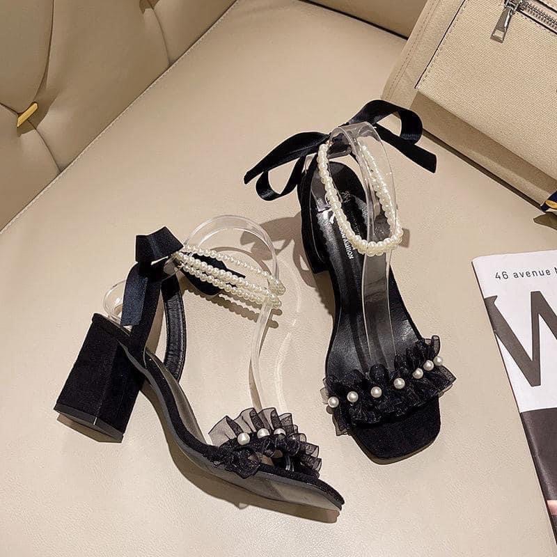 Sandal nữ nơ bèo quai ngọc gót vuông 7cm