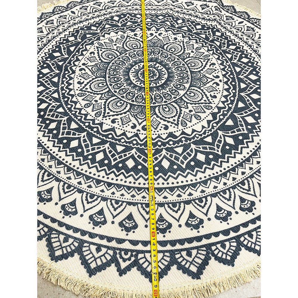 Thảm tròn tua rua đk 120cm chất cotton in hoa văn phong cách Vintage