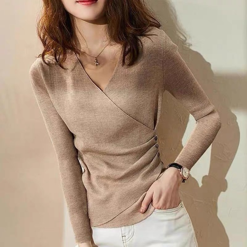 Áo len tăm Quảng Châu vạt chéo cổ tim freesize MS426