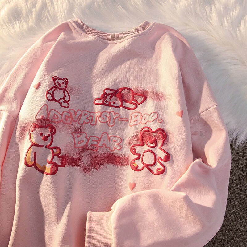 Áo Sweater Màu Hồng In Hoạt Hình Form Rộng Chất Nỉ Quảng Châu Xịn Ulzzang | BigBuy360 - bigbuy360.vn