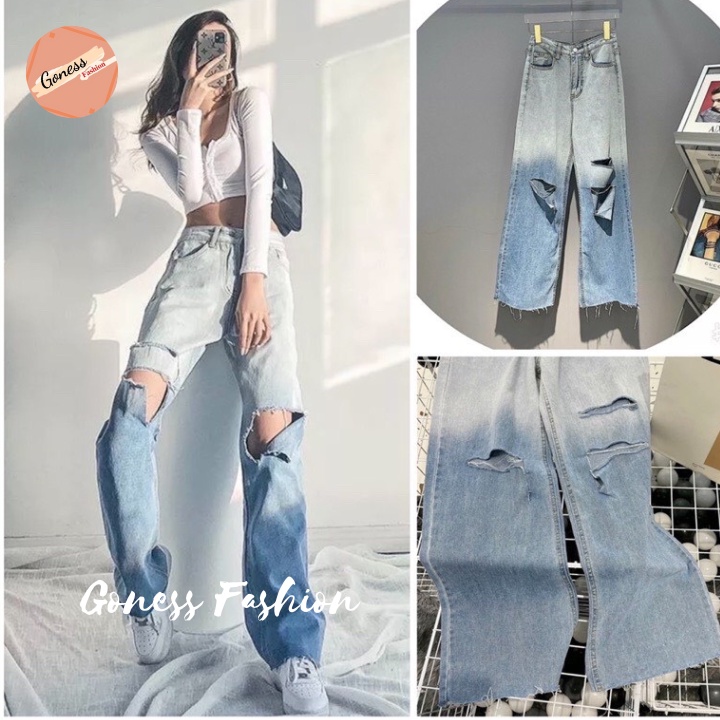 Quần jean nữ Goness xuông ống rộng bò cao cấp cạp cao thiết kế rách gối loang màu đậm nhạt cá tính thời trang