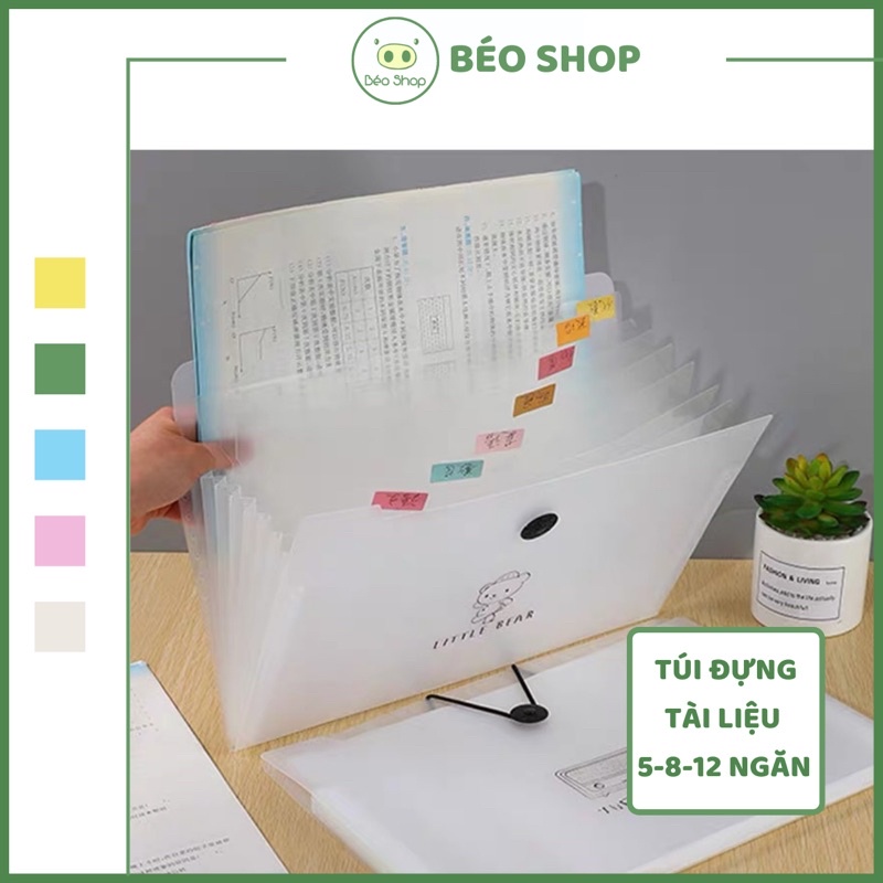Túi đựng tài liệu 5 8 12 ngăn Béo shop cặp đựng nhiều ngăn bằng nhựa họa tiết gấu cừu lucky khóa dây tiện lợi