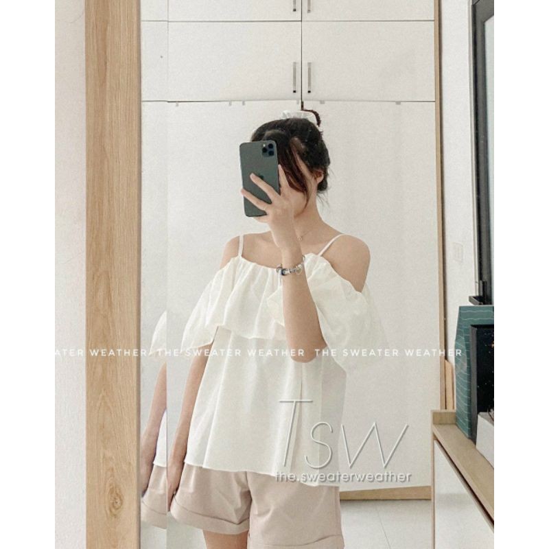 Áo trễ vai bèo ngực nữ tính kèm chun buộc tóc hàng QC-182