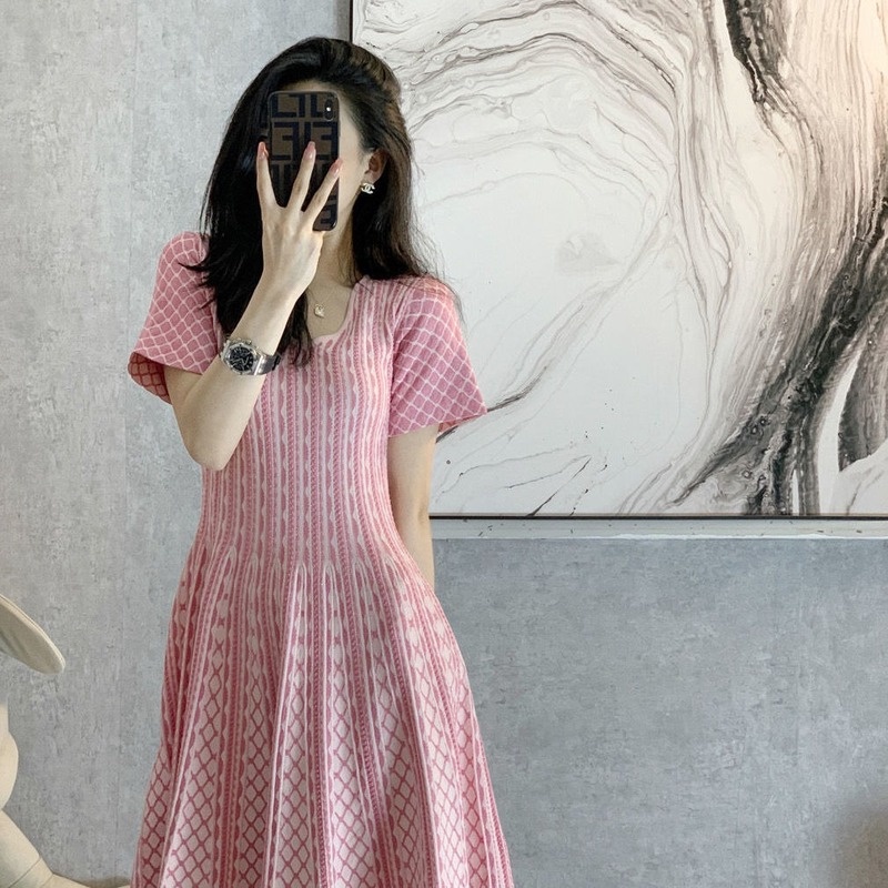 Đầm Dệt Kim Tay Ngắn Chiết Eo Mỏng Phong Cách Retro Pháp Thời Trang Mùa Hè Cho Nữ
