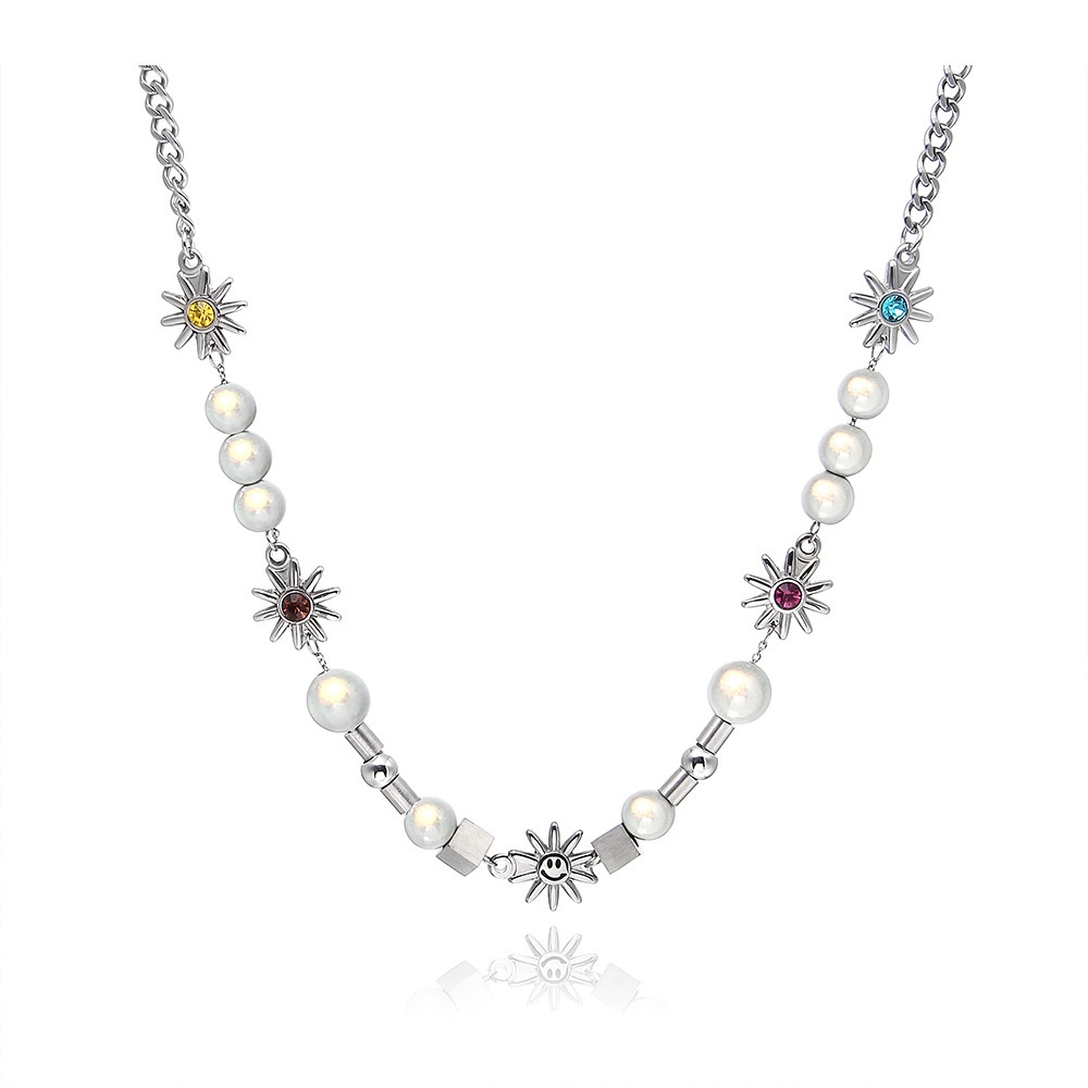 Dây Chuyền Mặt Trời Mặt Cười Đính Ngọc Trai Phản Quang Phong Cách Hiphop Sang Trọng 19A1292