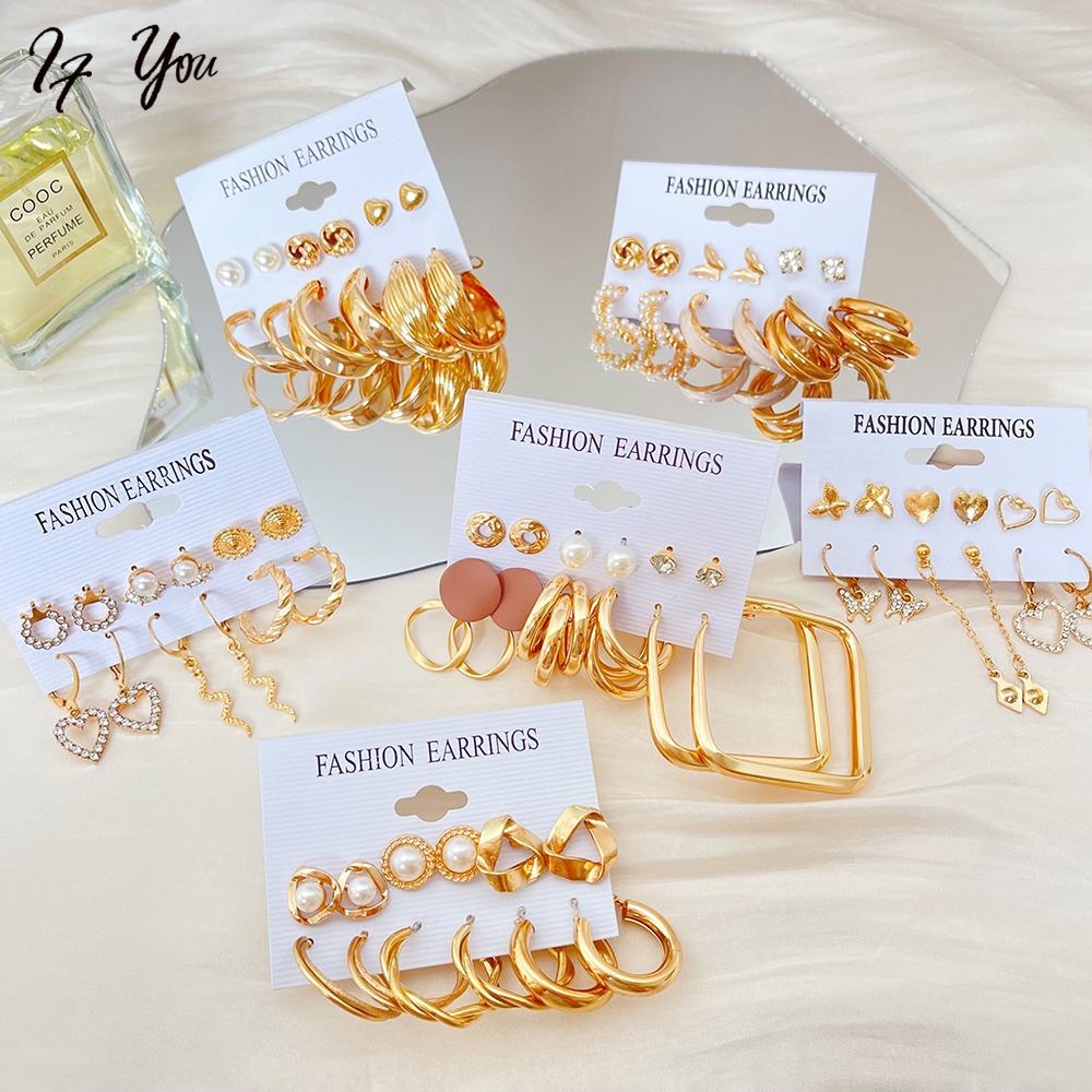 Bộ Khuyên Tai Ngọc Trai Hình Vuông / Trái Tim / Bươm Bướm Phong Cách Cổ Điển