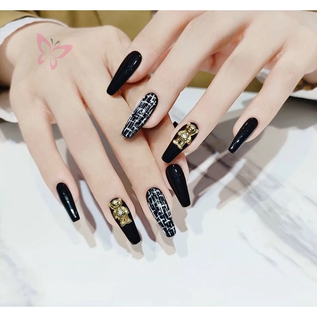 Set 24 Móng Tay Giả Màu Đen/Vàng Họa Tiết Gấu Dễ Thương