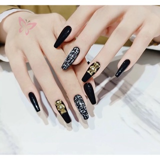 Set 24 Móng Tay Giả Màu Đen/Vàng Họa Tiết Gấu Dễ Thương