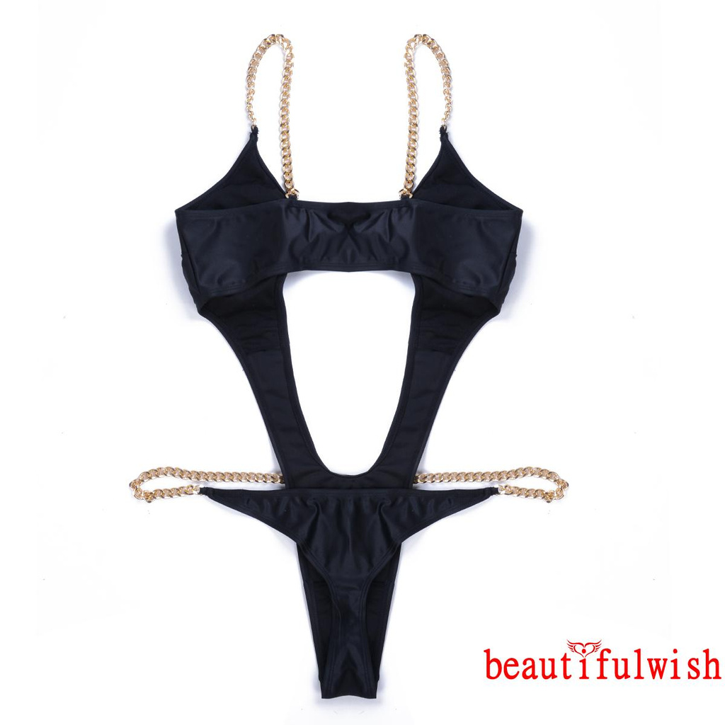 Bộ Đồ Bơi Bikini Liền Thân Cổ Chữ V Khoét Sâu Màu Trơn Phối Dây Xích Kim Loại Thời Trang Mùa Hè Cho Nữ