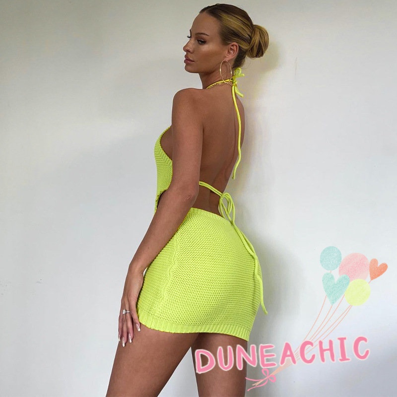 DUNEA Đầm body dệt kim màu trơn thiết kế hở lưng quyến rũ