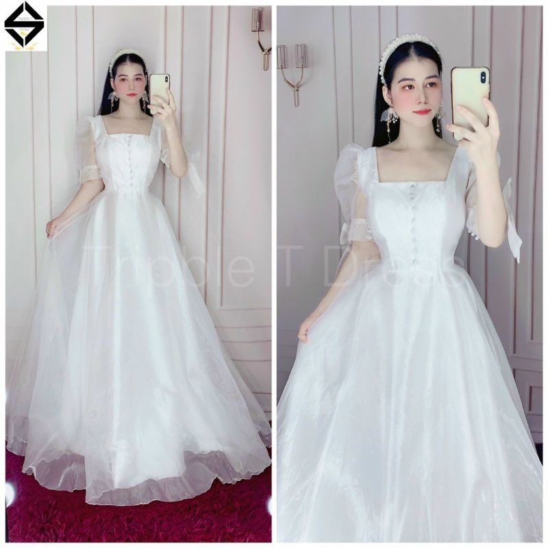 Đầm maxi mặc cưới nhẹ nhàng tay phồng nơ phối nút nọc, lưng mix nút ngọc