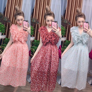 Đầm voan hoa nhí nhún bèo trước ngực + Ảnh thật