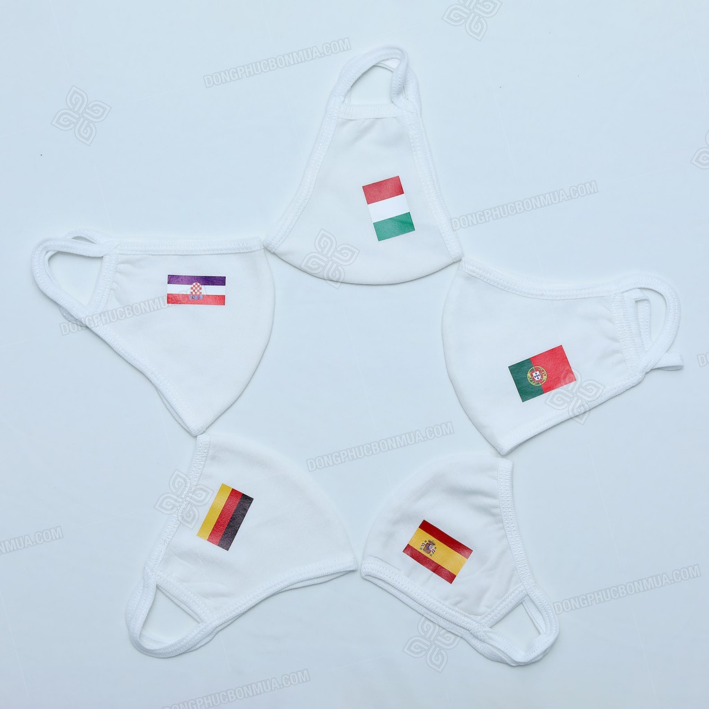 Combo 10 Khẩu Trang Vải Màu Trắng Kháng Khuẩn In Cờ Các Quốc Gia Tham Dự EURO Co Giãn, Bảo Vệ Sức Khỏe Toàn Diện