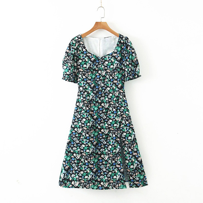 Zara Morocco full tag - Đầm Zara hoa xanh nhí xẻ đùi tôn dáng đẹp chân dài DH1XDG5N9