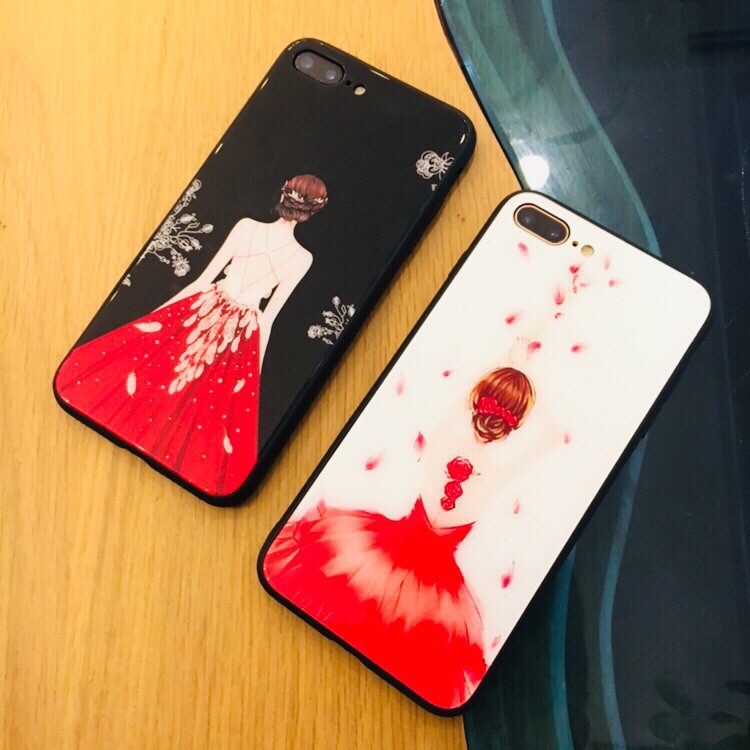 Ốp lưng iphone - ốp lưng kính iphone hình cô gái váy đỏ mặt lưng bóng dành cho ip 6 đến 14promax - k251