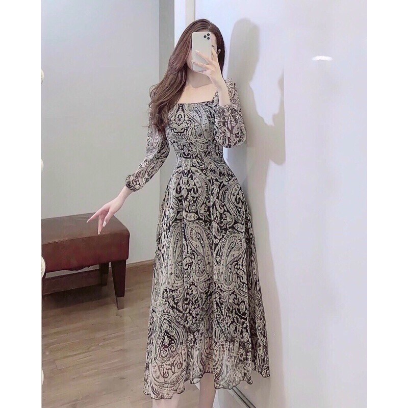 Đầm họa tiết xoè cổ vuông tay dài bo thun full.MLXL / Đầm trung niên