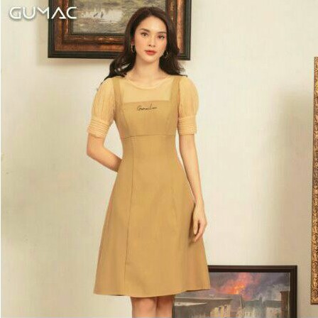 Đầm Gumac yếm phối lưới nâu sữa