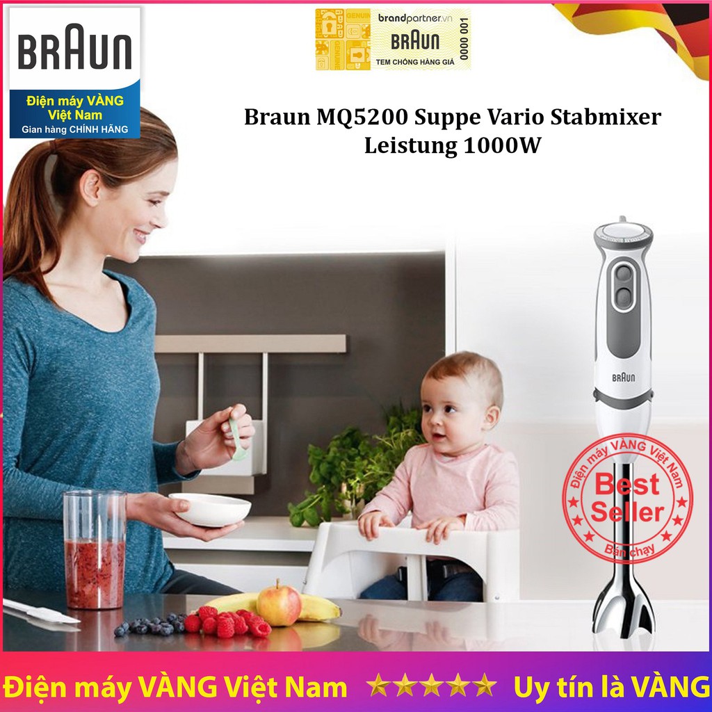 Máy xay cầm tay thế hệ mới Braun MQ5200 Soup Vario - 1000W cải tiến từ MQ3000 MQ5000 MQ5035 MQ5030 MQ5045